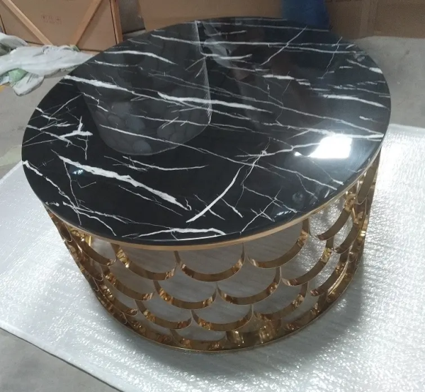 Modern Round Marble Table Top With Stainless Steel Frame Fish Scale Coffee Table For Home Coffee (Converted) - Image 8